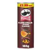 Pringles - Flame Grilled Steak Flavour (165g) offers a smoky taste in every bite, with RRP £2.99. The can features a chip above steak and flames for a bold snacking experience.